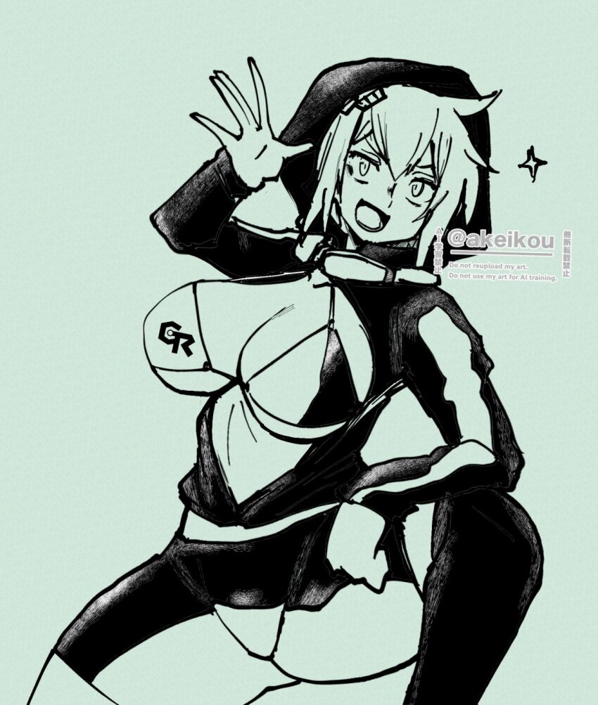 1girl akeikou artist_name black_hoodie bra_only digimon digimon_story:_cyber_sleuth female_focus goggles goggles_around_neck hair_ornament hairclip highres hood hoodie medium_hair shinomiya_rina simple_background thick_thighs thighs