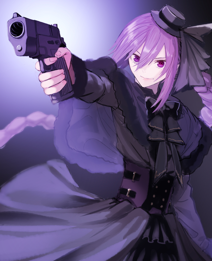1girl aiming apron black_corset black_dress bow braid corset cz_75 dress frilled_apron frilled_dress frills gun hair_ribbon handgun hat highres hinomoto_madoka holding holding_gun holding_weapon long_hair looking_at_viewer melty_blood purple_eyes purple_hair ribbon sion_eltnam_(type-moon) sion_eltnam_atlasia smile solo tsukihime very_long_hair weapon