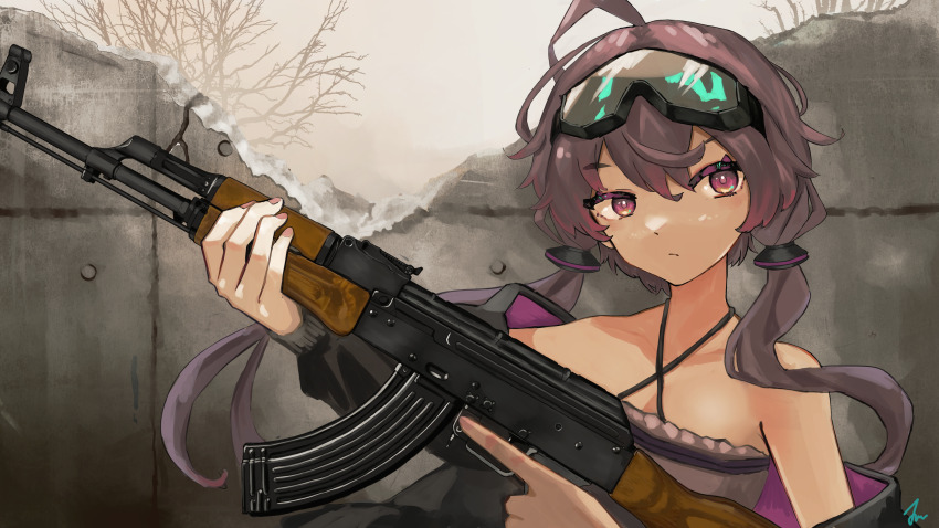 1girl :/ absurdres akm assault_rifle bare_shoulders bare_tree black_dress black_jacket broken_wall cleaning_rod closed_mouth commentary day dress fingernails goggles goggles_on_head grey_sky gun hair_between_eyes highres holding holding_gun holding_weapon jacket jun_(jun0000000000) kalashnikov_rifle long_hair long_sleeves looking_to_the_side outdoors purple_eyes purple_hair purple_nails rifle sky solo tree trigger_discipline upper_body vocaloid voiceroid weapon yuzuki_yukari