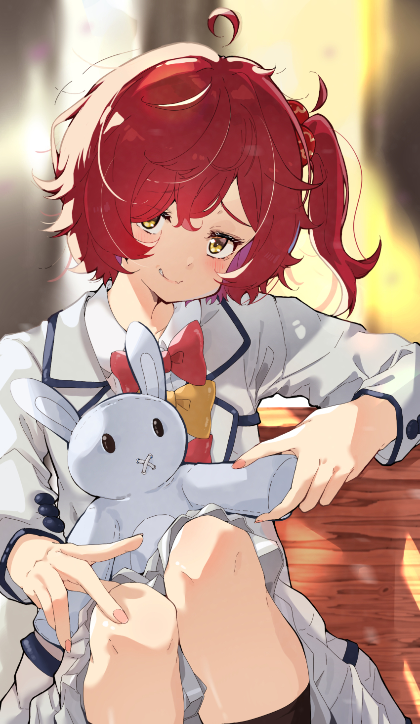 1girl absurdres ahoge aokaly blazer blush bow bowtie commentary detached_ahoge english_commentary feet_out_of_frame hair_bobbles hair_ornament highres holding holding_stuffed_toy jacket komari_chika long_hair looking_at_viewer make_heroine_ga_oo_sugiru! medium_hair nervous_smile one_side_up pleated_skirt red_bow red_bowtie red_hair school_uniform sitting skirt smile solo stuffed_animal stuffed_rabbit stuffed_toy tsuwabuki_high_school_uniform white_jacket white_skirt winter_uniform yellow_bow yellow_bowtie yellow_eyes