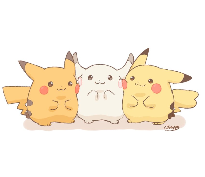 alternate_color cheek-to-cheek closed_mouth commentary_request fat_pikachu full_body gen_1_pokemon heads_together mimix nintendo no_humans peakychu pikachu pokemon pokemon_(creature) pokemon_focus pokemon_pokopia shiny_pokemon simple_background smile tail white_background