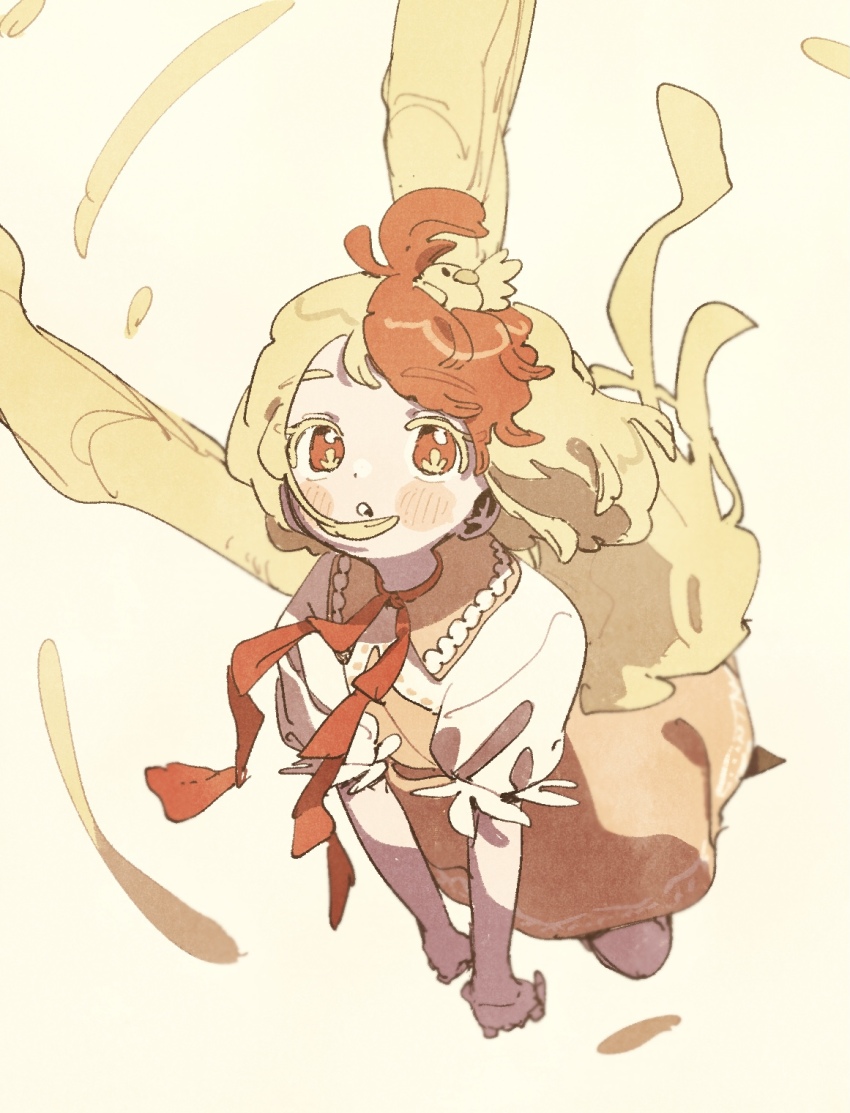 1girl animal animal_on_head bird bird_on_head bird_tail bird_wings blonde_hair blush chick dress feathered_wings highres multicolored_hair nama_udon niwatari_kutaka on_head open_mouth orange_dress red_eyes red_hair shirt short_hair short_sleeves solo tail touhou two-tone_hair white_shirt wings yellow_wings