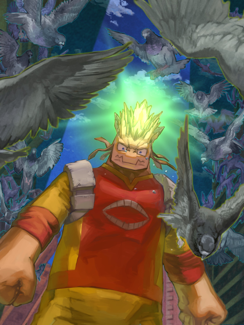 1boy absurdres angry bird bird_wings boku_no_hero_academia clenched_hands commentary_request facing_viewer flying glowing highres horns incoming_attack koda_koji looking_at_viewer male_focus shirt shorts superhero_costume tears wings yellow_shirt yellow_shorts yomoyama_yotabanashi