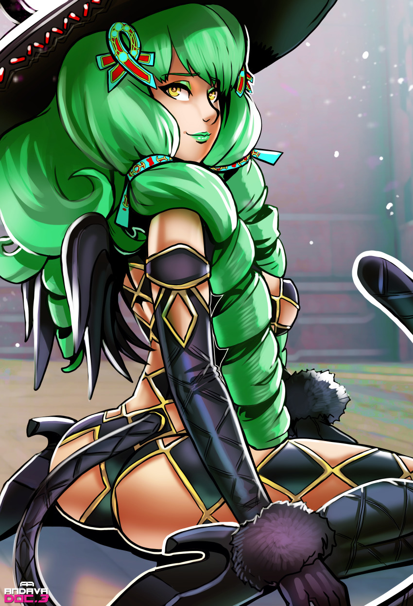 1girl absurdres andava argyle_clothes argyle_cutout ass black_gloves black_wings boots breasts cat_tail clothing_cutout drill_hair eyeshadow female_focus fiore_brunelli from_behind gloves green_hair green_lips hair_ornament hat high_heel_boots high_heels highres knee_boots large_breasts lipstick long_hair looking_back makeup mini_wings nose revealing_clothes sitting smile solo star_ocean star_ocean_integrity_and_faithlessness tail very_long_hair wariza wings witch_hat yellow_eyes
