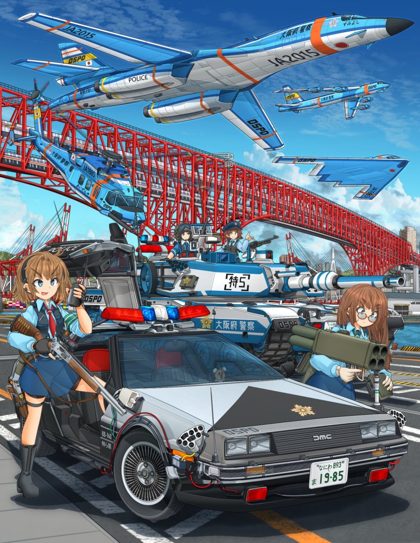 4girls active_protection_system aircraft airplane b-1_lancer b-2_spirit b-52_stratofortress back_to_the_future beacon blue_eyes bomb_bay bomber boots bridge brown_eyes brown_hair car caterpillar_tracks cloud commando_(movie) delorean fingerless_gloves flying_wing glasses gloves goggles goggles_on_headwear graphite_(medium) gullwing_doors gun gun_shield handgun hat heavy_bomber helicopter helmet highres holster japan_national_police license_plate m1_abrams m202_flash machine_gun marlin_new_model_1895 mikeran_(mikelan) military military_vehicle minato_bridge motor_vehicle multiple-barrel_gun multiple_girls multishot_rocket_launcher necktie north_american_rockwell optical_sight original osaka_(city) penetrator_(aircraft) pistol police police_car police_hat police_uniform policewoman rocket_launcher rockwell_international scope see-through_clothes shield sleeves_rolled_up smoke_grenade_launcher stealth stealth_aircraft stealth_bomber strategic_bomber supersonic_aircraft tank thigh_holster traditional_media transparent transparent_armor_gun_shield vehicle_focus vest weapon