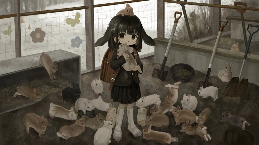 1girl :o absurdres animal animal_ears animal_on_head backpack bag black_hair black_jacket black_rabbit_(animal) black_skirt brown_bag brown_rabbit child collared_shirt doubutsunoujyou full_body hair_ornament hairclip highres holding holding_animal holding_rabbit jacket long_sleeves looking_at_viewer lop_rabbit_ears medium_hair on_head open_mouth original pleated_skirt rabbit rabbit_ears rabbit_on_head randoseru red_eyes shirt shoes shovel skirt solo thighhighs uwabaki white_rabbit_(animal) white_shirt white_shoes white_thighhighs