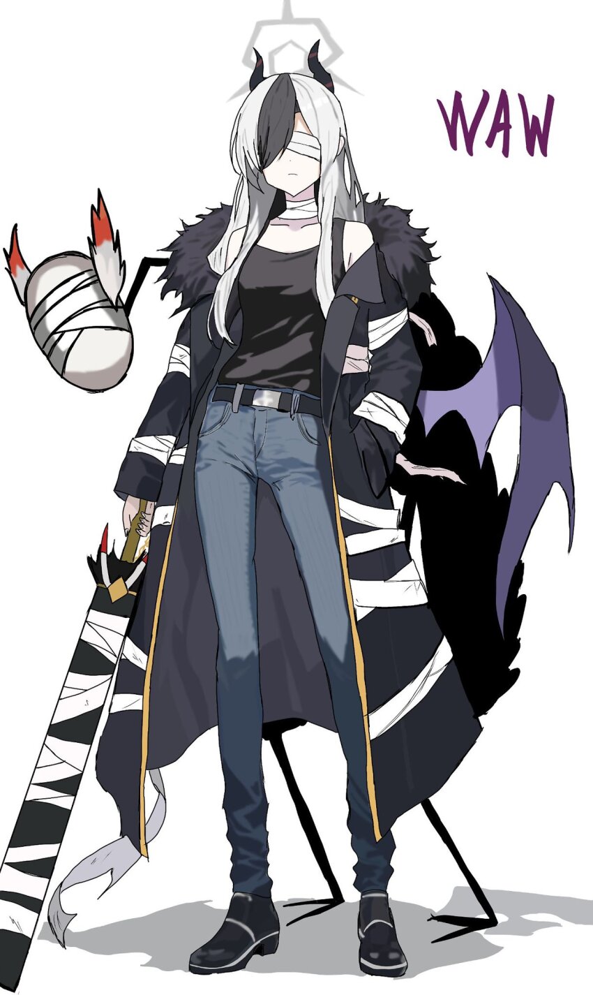 1girl 218_(niiya) bandaged_arm bandaged_neck bandages bandages_over_eyes belt black_belt black_coat black_shirt black_shoes blindfold blue_archive blue_pants coat denim e.g.o_(project_moon) full_body grey_halo halo highres holding holding_sword holding_weapon horns jeans judgement_bird justitia_(e.g.o) kayoko_(blue_archive) lobotomy_corporation long_hair long_sleeves multicolored_hair pants project_moon shirt shoes single_wing sleeveless sleeveless_shirt solo streaked_hair sword weapon white_hair wings