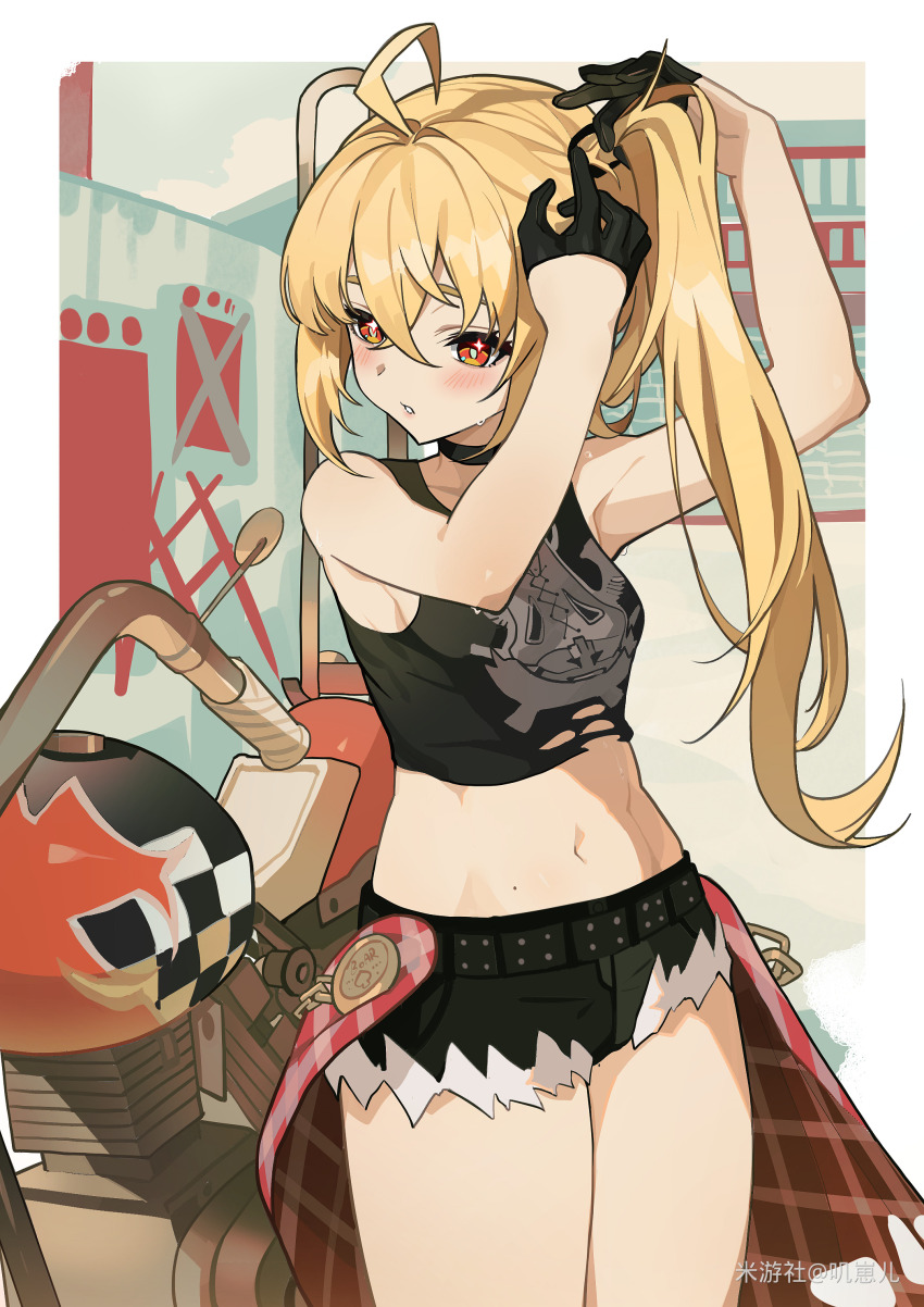 1girl absurdres adjusting_hair ahoge armpits arms_up bare_shoulders black_choker black_gloves black_shirt black_shorts blonde_hair blush breasts choker collarbone commentary_request cowboy_shot crop_top crossed_bangs fur-trimmed_shorts fur_trim gloves hair_between_eyes half_gloves highres jizaier leaning_on_object long_hair looking_down luciana_de_montefio micro_shorts midriff mole mole_on_stomach motor_vehicle motorcycle navel no_headwear no_jacket outdoors parted_lips red_eyes shirt shorts side_ponytail small_breasts solo sparkling_eyes sweat torn_clothes torn_shirt zenless_zone_zero