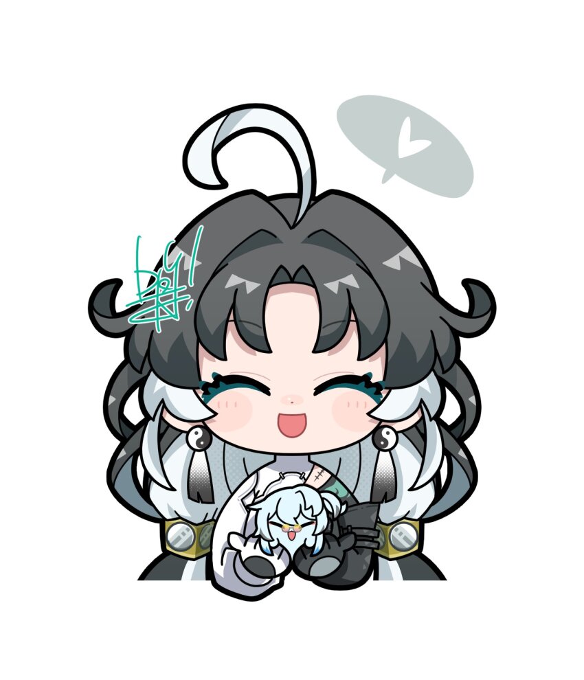 1girl ahoge animalization black_hair black_shirt buling_(wuthering_waves) closed_eyes closed_mouth clothing_cutout colored_inner_hair commentary dog-san earrings facing_viewer glasses heart highres holding jewelry jianxin_(wuthering_waves) long_hair multicolored_hair parted_bangs pince-nez shirt shoulder_cutout simple_background smile solo spoken_heart straight-on symbol-only_commentary tacet_mark_(wuthering_waves) two-tone_shirt white_background white_hair white_shirt wuthering_waves yin_yang yin_yang_earrings