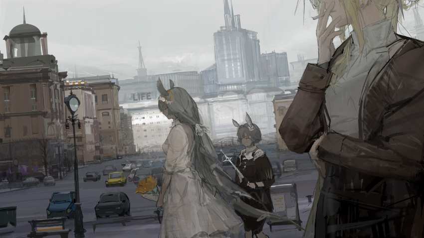 3girls absurdres animal_ears black_cape black_gloves black_shirt black_shorts black_skirt blonde_hair bouquet brown_jacket cape car cigarette city dress flower from_side gloves grey_eyes grey_hair highres holding holding_bouquet holding_cigarette holding_sword holding_weapon jacket long_hair motor_vehicle multiple_girls original paindude shirt short_hair shorts skirt smoking sword turtleneck turtleneck_shirt weapon white_dress white_shirt yellow_dress