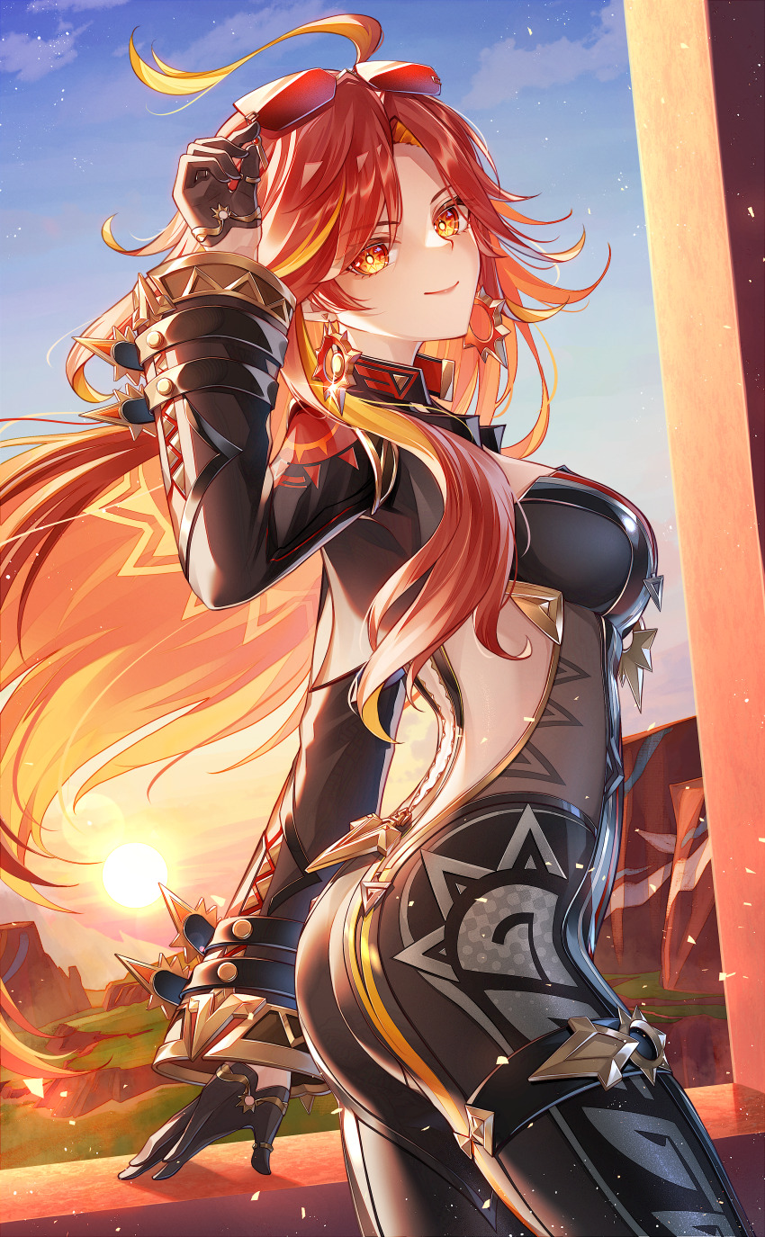 1girl absurdres adjusting_eyewear ahoge ass back biker_clothes bikesuit black_bodysuit black_gloves black_jacket blue_sky bodysuit breasts closed_mouth commentary_request cowboy_shot cropped_jacket earrings eyewear_on_head from_side genshin_impact gloves hand_up highres jacket jewelry long_hair long_sleeves looking_at_viewer looking_to_the_side mavuika_(genshin_impact) medium_breasts multicolored_hair orange_eyes orange_hair outdoors red-tinted_eyewear sky smile solo sun_earrings sunglasses sunset tinted_eyewear two-tone_hair yuno_kaihara