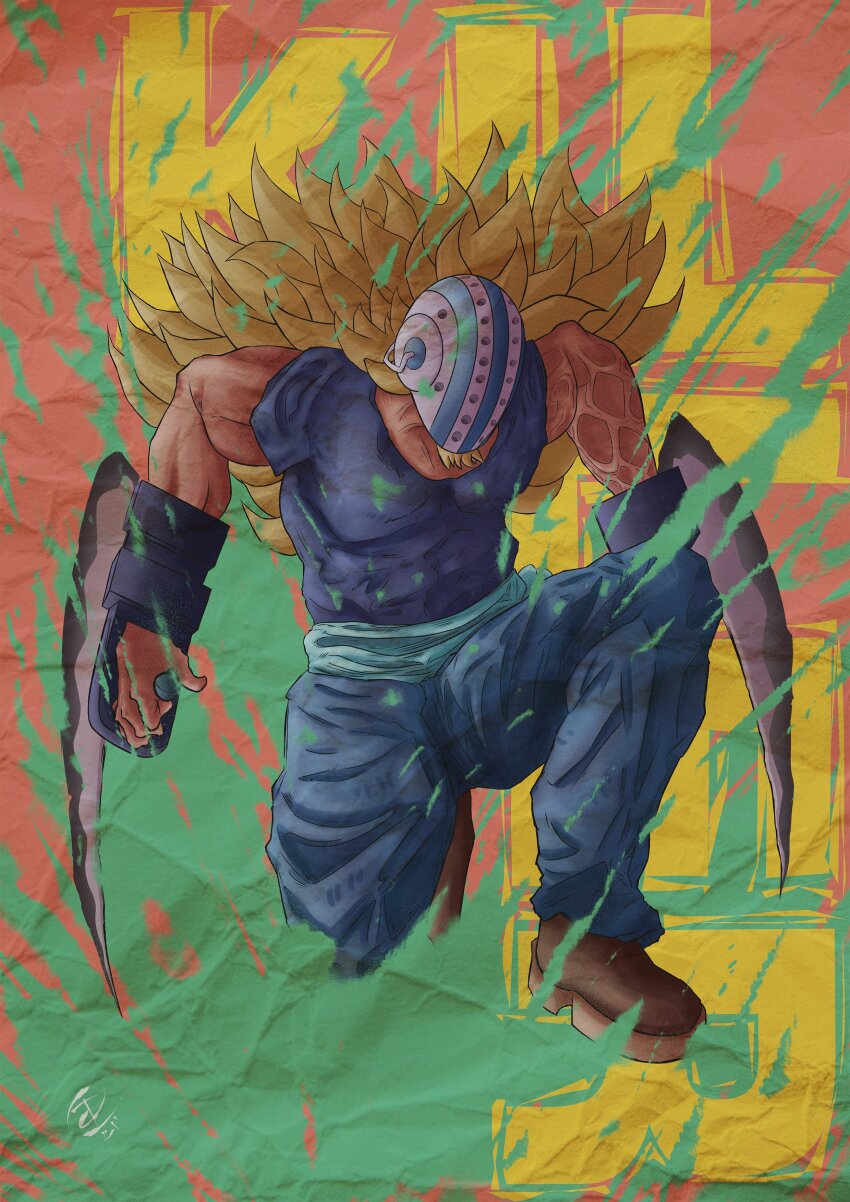 1boy absurdres blonde_hair blue_shirt chainsaw_man commentary_request costval crossover facial_hair facial_hair_through_mask full_body goatee highres hockey_mask holding holding_weapon killer_(one_piece) long_hair male_focus mask muscular muscular_male one_piece shirt solo spanish_commentary t-shirt weapon