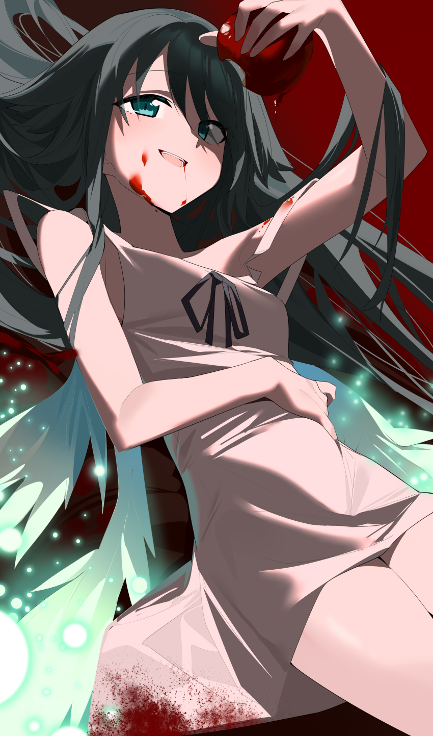 1girl absurdres bare_arms bare_shoulders black_ribbon blood blood_on_clothes blood_on_face bloody_clothes bloody_dress breasts commentary_request dress energy_wings green_eyes green_hair green_wings highres long_hair medium_breasts neck_ribbon open_mouth red_background ribbon saya_(saya_no_uta) saya_no_uta sleeveless sleeveless_dress solo sundress teeth very_long_hair wako_(1194433260) white_dress wings