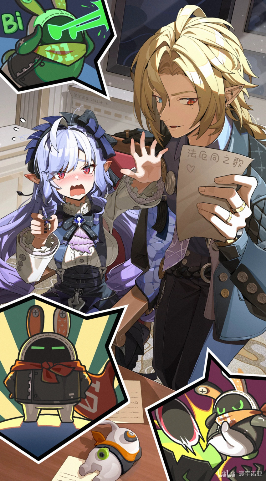 bangboo_(zenless_zone_zero) blonde_hair blush bow bowtie hairband highres hugo_vlad hyny jacket long_sleeves necktie open_mouth pointy_ears purple_bow purple_bowtie purple_hair purple_hairband red_eyes shirt vivian_(zenless_zone_zero) zenless_zone_zero