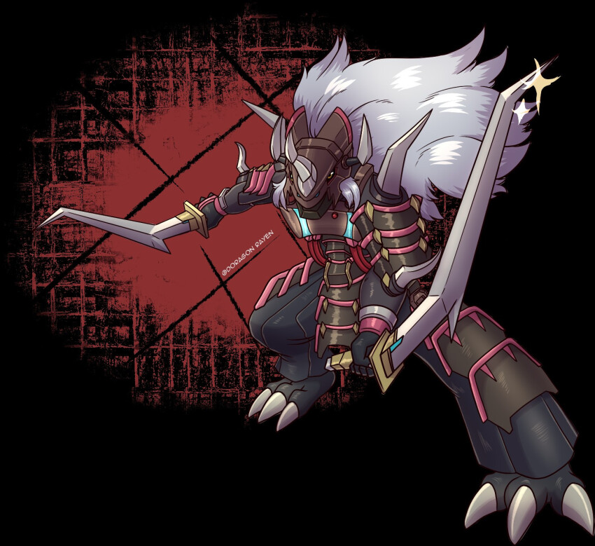 armor claws digimon digimon_(creature) dual_wielding gaioumon highres holding looking_at_viewer solo