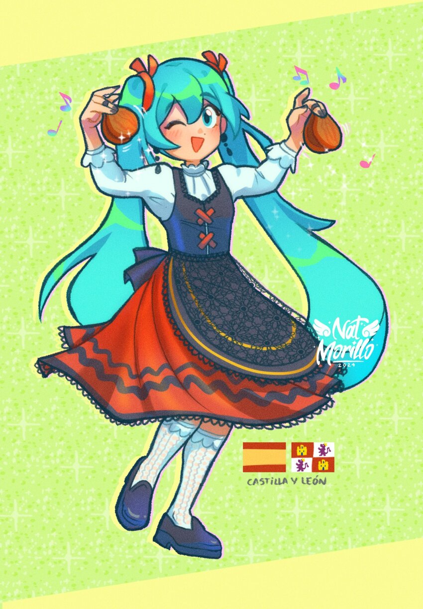 1girl apron arms_up black_apron black_shoes blue_eyes blue_hair castanets castille_and_leon_flag dress full_body hatsune_miku highres holding holding_instrument instrument lace lace-trimmed_apron lace-trimmed_dress lace_apron lace_trim natnatart one_eye_closed open_mouth red_dress shirt shoes smile socks solo spanish_flag vocaloid white_shirt white_socks worldwide_miku
