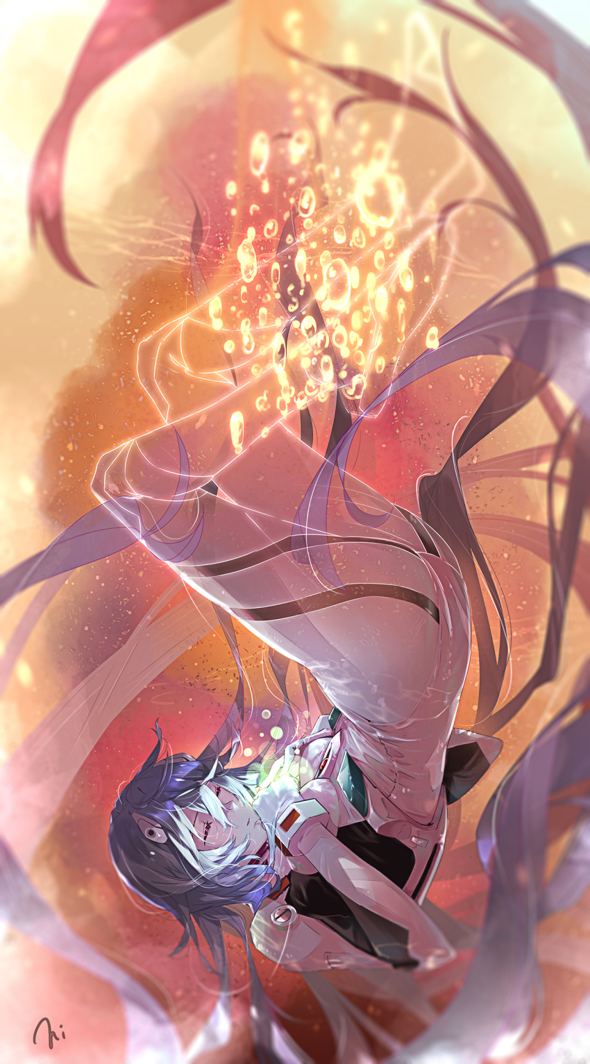 1girl absurdly_long_hair air_bubble ayanami_rei blue_hair bodysuit bubble camouflage closed_eyes closed_mouth evangelion:_3.0+1.0_thrice_upon_a_time full_body glowing hands_on_own_chest headgear highres long_hair mecha_pilot_suit neon_genesis_evangelion optical_camouflage partially_invisible plugsuit_(evangelion) rebuild_of_evangelion signature solo submerged torokko upside-down very_long_hair white_bodysuit