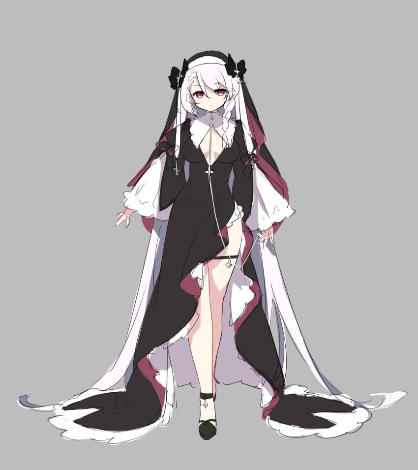 1girl absurdly_long_hair azur_lane black_bow black_dress black_headwear black_shoes bow braid breasts breasts_apart center_opening cleavage_cutout closed_mouth clothing_cutout cross cross_necklace dress expressionless frills full_body grey_background habit hair_between_eyes hair_bow hair_ornament highres jewelry juliet_sleeves light_purple_hair long_dress long_hair long_sleeves looking_at_viewer medium_breasts necklace no_bra nun puffy_sleeves red_eyes saru shoes side_braid side_slit simple_background single_braid sketch solo standing thigh_strap thighs veil very_long_hair vestal_(meta)_(azur_lane) wide_sleeves