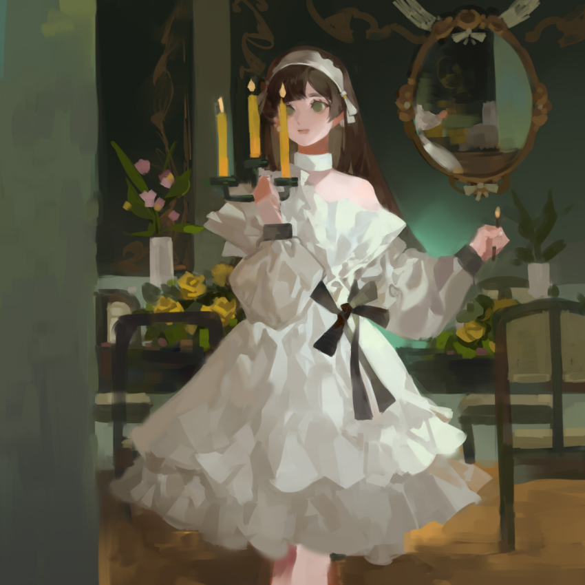 1girl aristocratic_clothes brown_hair candle chair dress flower frilled_dress frills green_eyes hairband highres holding_matchstick indoors long_sleeves medium_dress original painterly shachang solo table vase white_dress