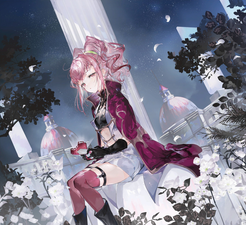 1girl anya_alstreim belt black_boots black_gloves black_shirt boots cape capelet coat code_geass code_geass:_genesic_re;code controller crop_top falling_petals flat_chest flower full_body game_controller gloves handheld_game_console highres holding holding_controller holding_game_controller knee_boots knights_of_the_round_uniform military_uniform navel night petals pink_hair pink_thighhighs red_cape red_capelet red_eyes shirt short_hair short_shorts shorts sidelocks sitting sleeveless sleeveless_coat sleeveless_shirt solo tattoo thigh_strap thighhighs thighs white_coat white_shorts