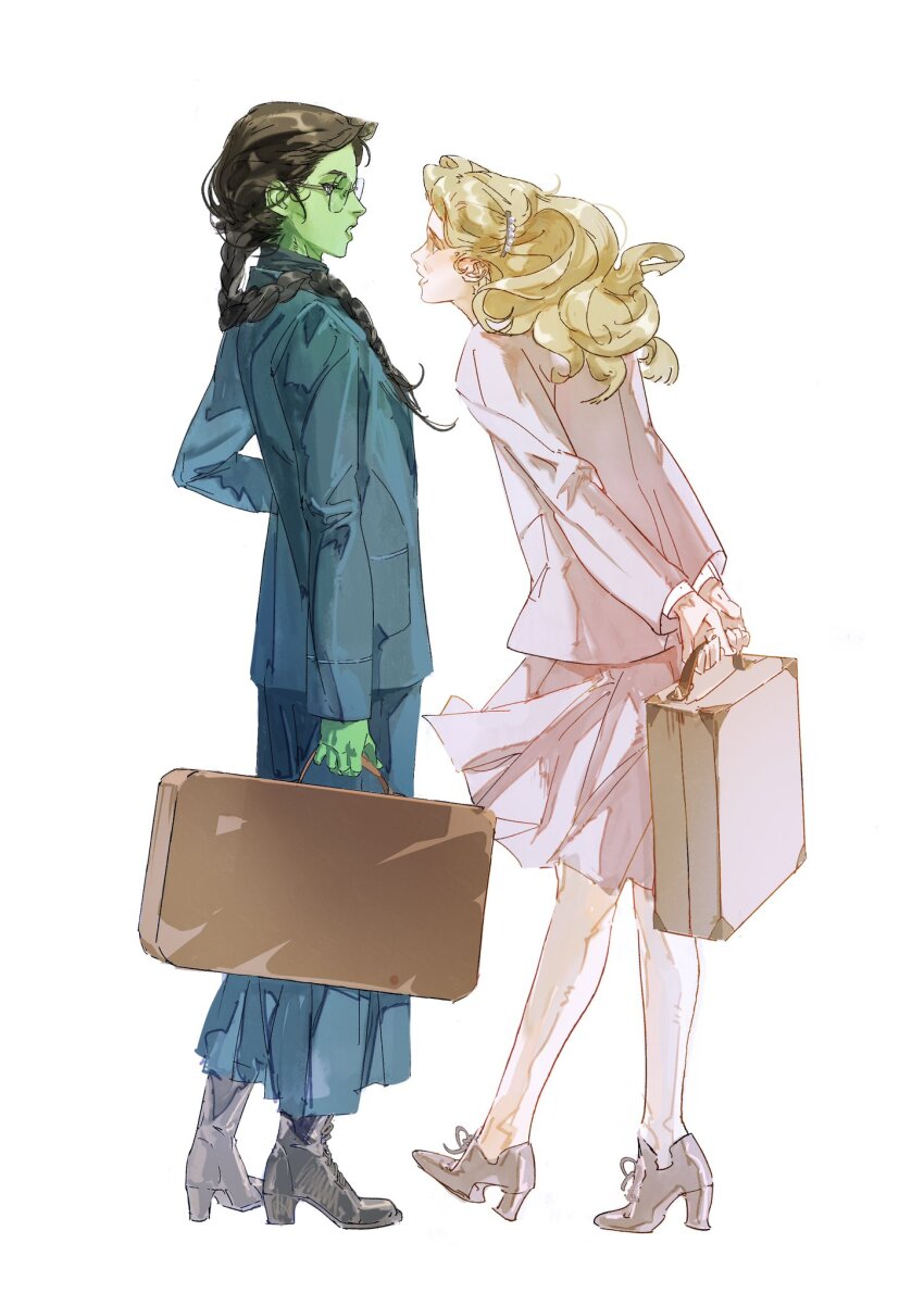 2girls arms_behind_back black_hair blonde_hair blue_jacket blue_skirt boots braid colored_skin elphaba_thropp full_body glasses good_witch_of_the_north green_skin hair_over_shoulder high_heel_boots high_heels highres holding holding_suitcase jacket long_hair looking_at_another multiple_girls open_mouth pink_jacket pink_skirt round_eyewear single_braid siyemmm skirt smile suitcase white_background wicked