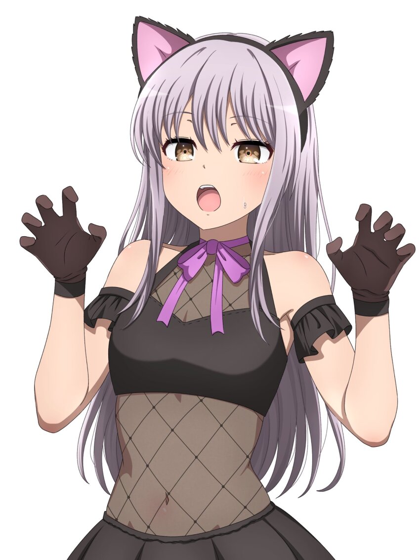 1girl animal_ear_hairband animal_ears bang_dream! blush breasts brown_eyes brown_gloves cat_ears claw_pose commentary fake_animal_ears gloves grey_hair hairband highres long_hair minato_yukina navel noshimurin open_mouth simple_background small_breasts solo sweatdrop teeth upper_teeth_only white_background