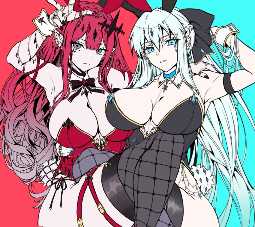 2girls animal_ears armpits baobhan_sith_(fate) black_leotard black_ribbon black_thighhighs blue_eyes braid breasts expressionless fake_animal_ears fate/grand_order fate_(series) grey_eyes hair_ornament hair_ribbon hand_on_another&#039;s_waist hand_up highres large_breasts leotard long_hair looking_at_viewer morgan_le_fay_(fate) mother_and_daughter multiple_girls pink_hair playboy_bunny ponytail rabbit_ears red_leotard ribbon satou_nui sidelocks thick_thighs thighhighs thighs v white_hair