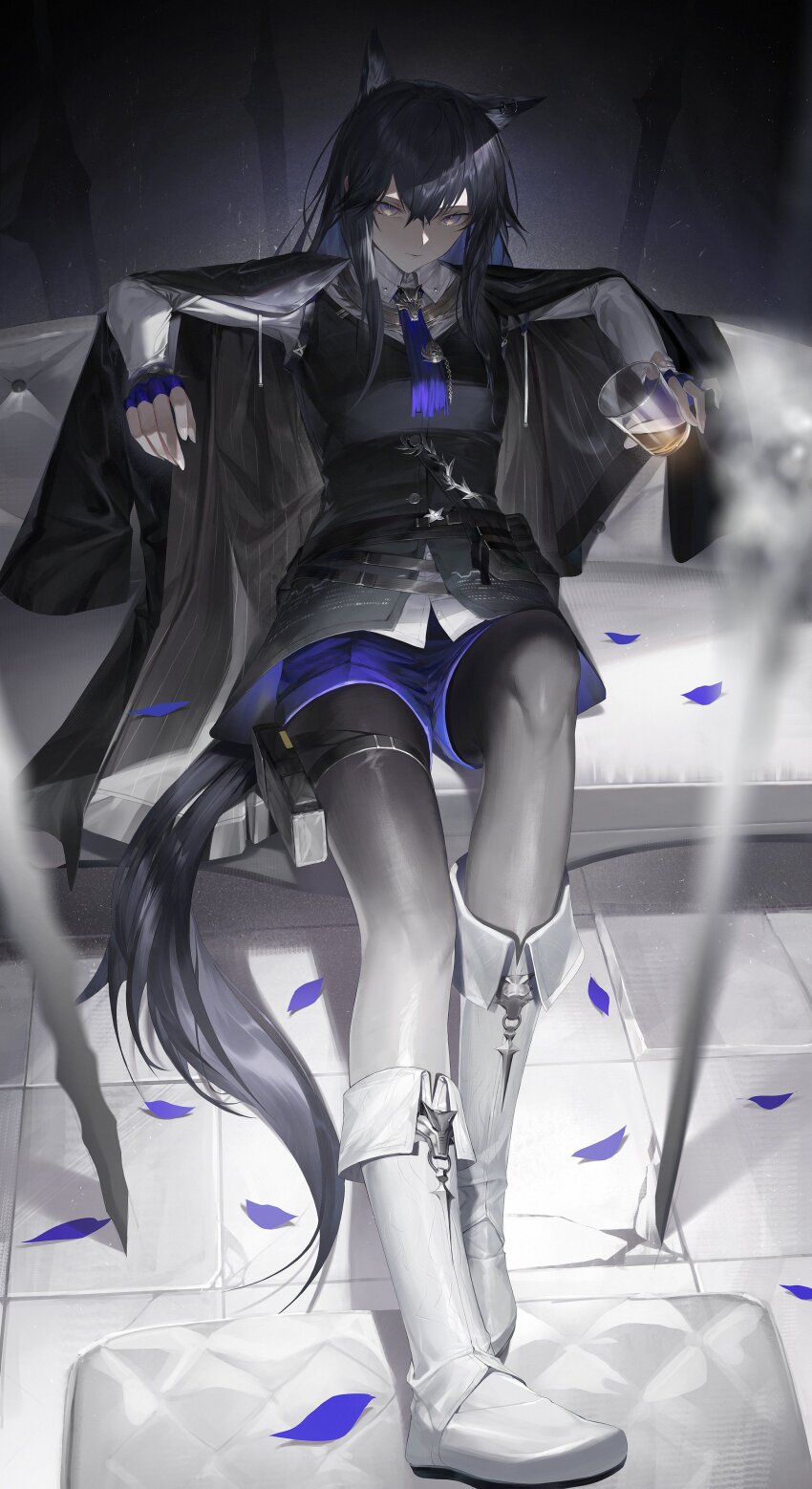 1girl absurdres animal_ear_fluff animal_ears arknights black_cape black_coat black_hair black_pantyhose black_vest blue_gloves blue_necktie blue_shorts cape coat coat_on_shoulders couch cup double-parted_bangs fingerless_gloves full_body gloves gradient_eyes highres holding holding_cup holster long_hair long_sleeves looking_at_viewer multicolored_eyes necktie on_couch pantyhose pantyhose_under_shorts shorts sidelocks sitting sword tail texas_(arknights) texas_the_omertosa_(arknights) thigh_holster tmt vest weapon white_footwear wolf_ears wolf_girl wolf_tail