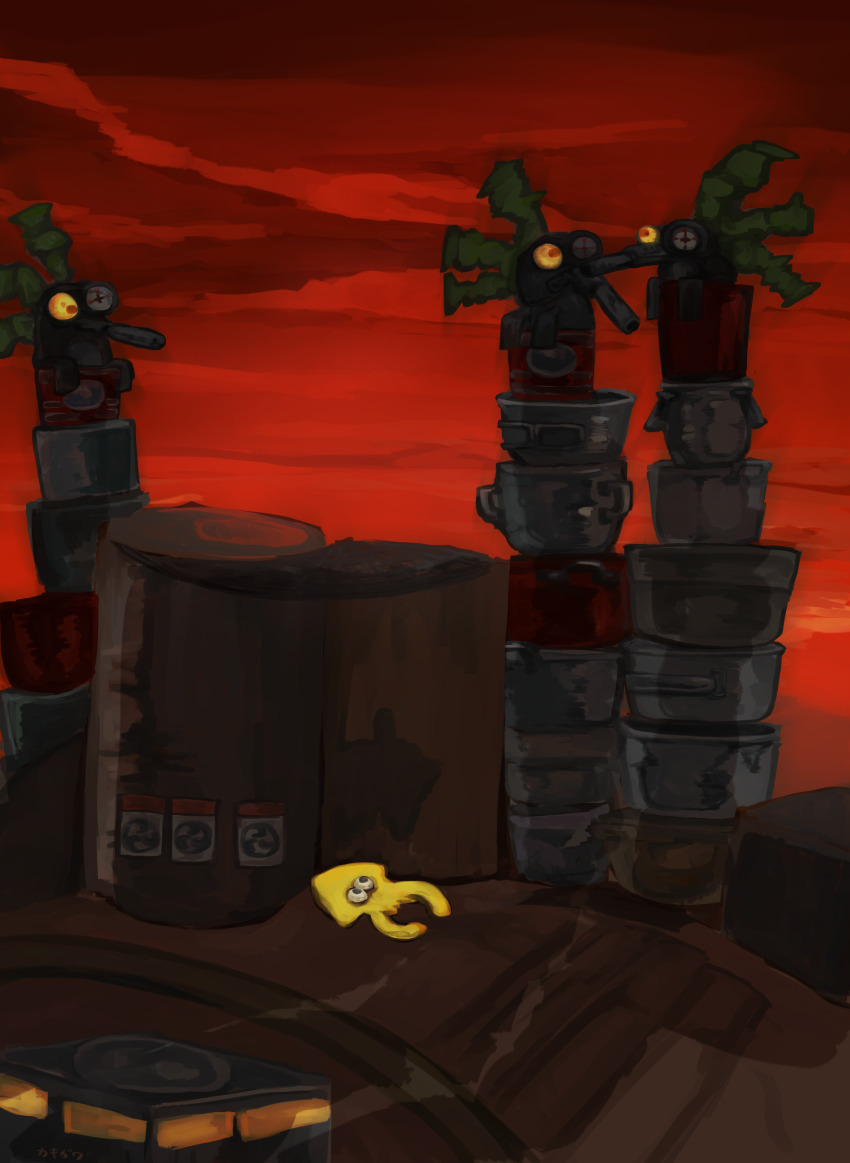 absurdres animal_focus artist_name black_eyes bloodshot_eyes cloud colored_sclera cooking_pot dark ebifurai_kakigwa fish glowing glowing_eyes green_hair hiding highres in-universe_location inkling inkling_(swim_form) night nintendo no_humans outdoors red_eyes red_sky salmon_run_(splatoon) short_hair signature sky splatoon_(series) splatoon_3 squid stinger_(splatoon) yellow_sclera