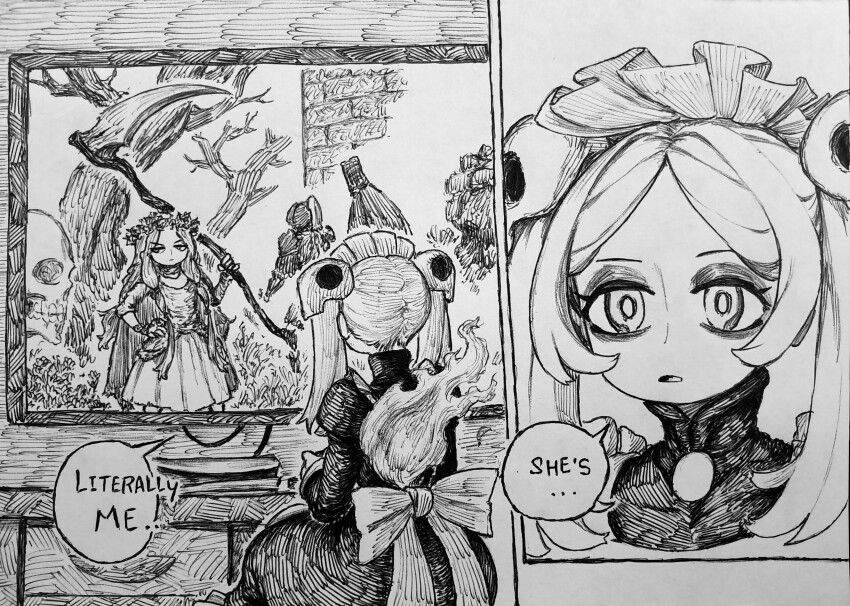 2girls absurdres bloody_marie_(skullgirls) chronozbergh comic elden_ring elden_ring_nightreign english_text greyscale hair_ornament highres holding holding_scythe literally_me_(meme) looking_at_screen maid_headdress meme monochrome multiple_girls pen_(medium) playing_games revenant_(elden_ring) scythe sitting skull_hair_ornament skullgirls speech_bubble television traditional_media twintails