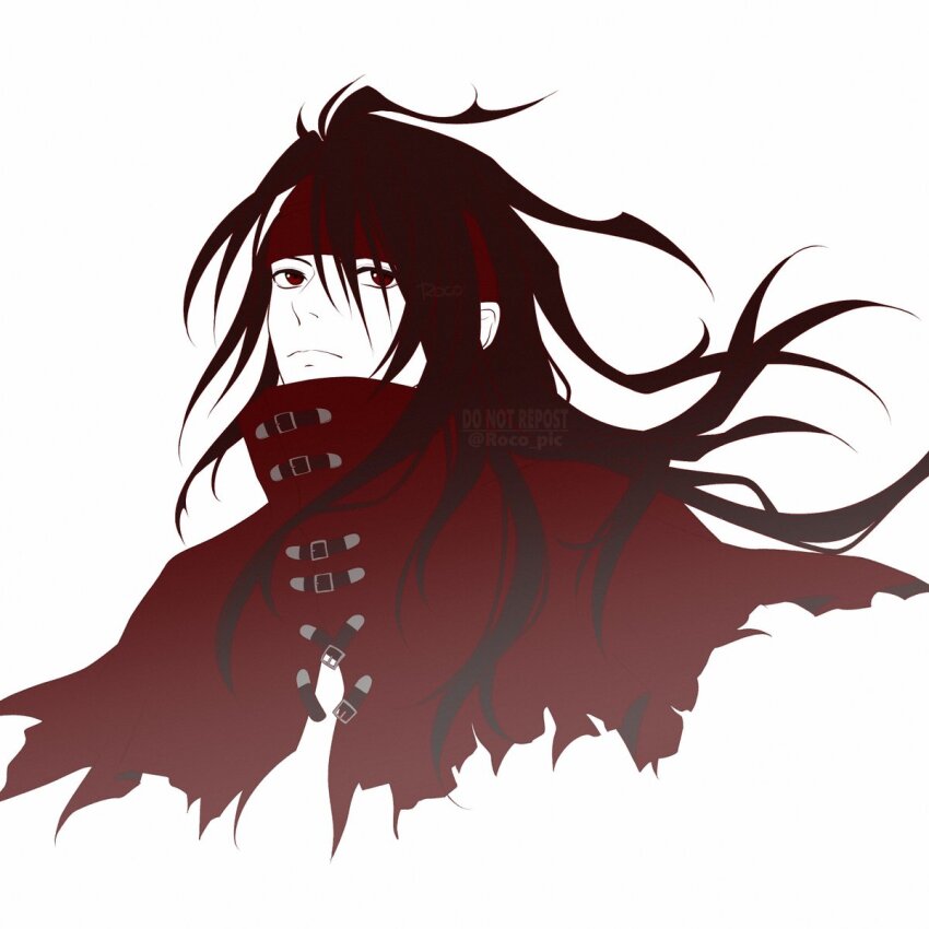 1boy belt_buckle black_hair buckle cape cloak closed_mouth commentary final_fantasy final_fantasy_vii hair_between_eyes headband highres long_hair male_focus messy_hair portrait red_cape red_cloak red_eyes red_headband roco_pic solo torn_cloak torn_clothes upper_body vincent_valentine white_background