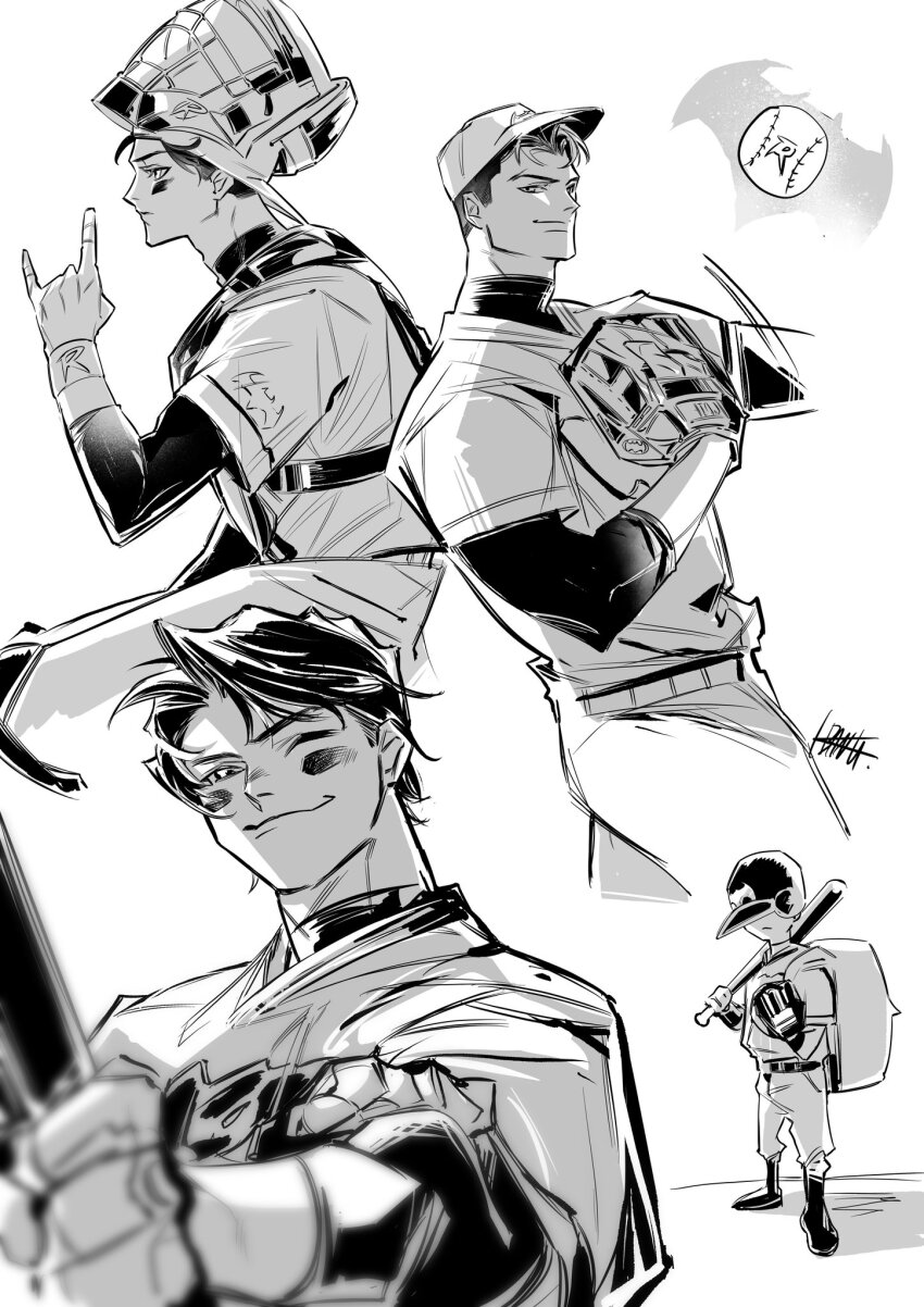 4boys baseball baseball_cap baseball_glove baseball_uniform closed_mouth commentary_request damian_wayne dc_comics dick_grayson greyscale hat highres jason_todd looking_at_viewer male_focus monochrome multiple_boys multiple_views one_eye_closed profile signature simple_background smile sportswear tim_drake tokitokororo