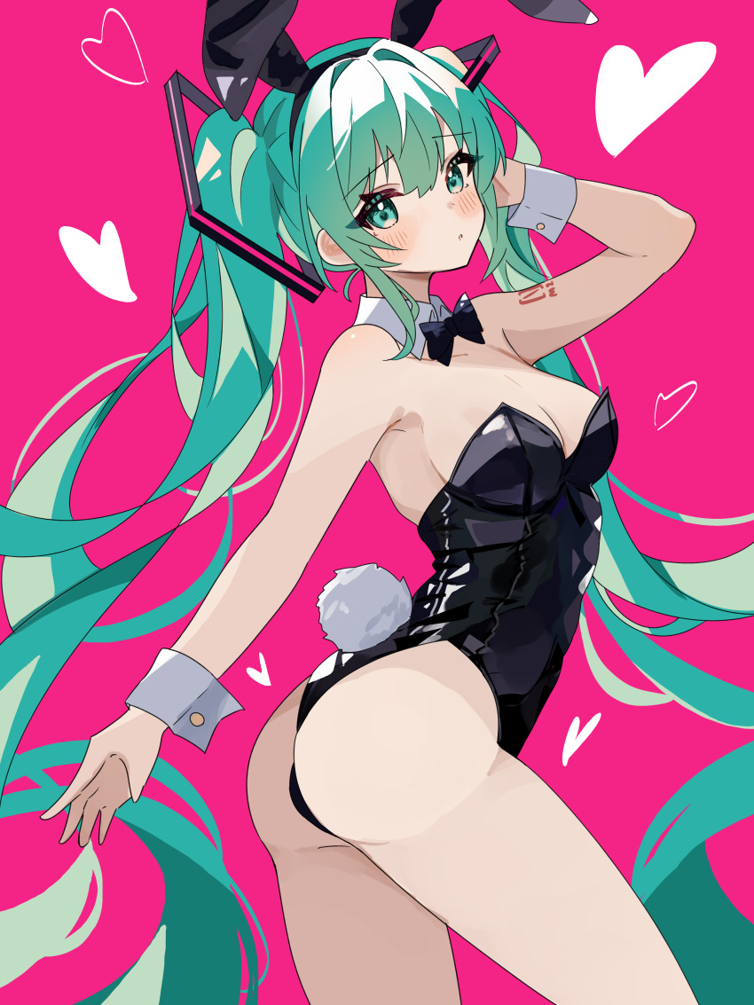 absurdres animal_ears aqua_hair armpits ass bare_legs black_bow black_bowtie black_leotard bow bowtie breasts coco_irasuto detached_collar fake_animal_ears green_eyes hatsune_miku heart highres leotard long_hair medium_breasts pink_background playboy_bunny rabbit_ears rabbit_tail strapless strapless_leotard tail twintails vocaloid wrist_cuffs