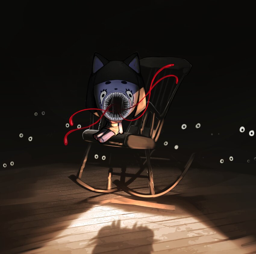 1girl absurdres animal_ears cat_ears cat_girl chair chibi commentary english_commentary highres horror_(theme) kumaartsu looking_at_viewer monster open_mouth original pov rocking_chair saliva shaded_face shadow sharp_teeth sitting solo teeth tentacles wooden_floor