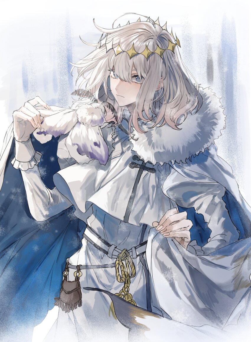 1boy absurdres belt_pouch blanca_(fate) blue_eyes bug cape clothes_lift diamond_hairband fate/grand_order fate_(series) frills fur-trimmed_cape fur_trim grey_hair hair_between_eyes hairband highres insect insect_on_shoulder juliet_sleeves long_sleeves looking_at_viewer male_focus medium_hair moth oberon_(fate) oberon_(second_ascension)_(fate) pouch puffy_sleeves two-sided_cape two-sided_fabric yellow_hairband yurumawari