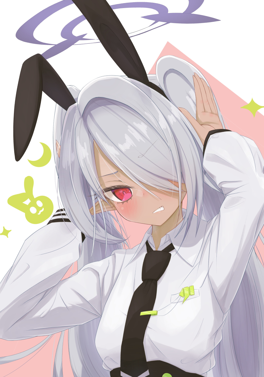 1girl absurdres animal_ears animal_print annoyed arms_up black_necktie blue_archive blush clenched_teeth collared_shirt commentary doodle_inset eyelashes fake_animal_ears grey_hair hair_over_one_eye halo highres iori_(blue_archive) kimagurain long_bangs long_hair long_sleeves looking_at_viewer necktie one_eye_covered pink_background purple_halo rabbit_ears rabbit_pose rabbit_print red_eyes school_uniform shirt simple_background solo sparkle story_in_commentary teeth tsurime twintails two-tone_background upper_body v-shaped_eyebrows very_long_hair white_background white_shirt