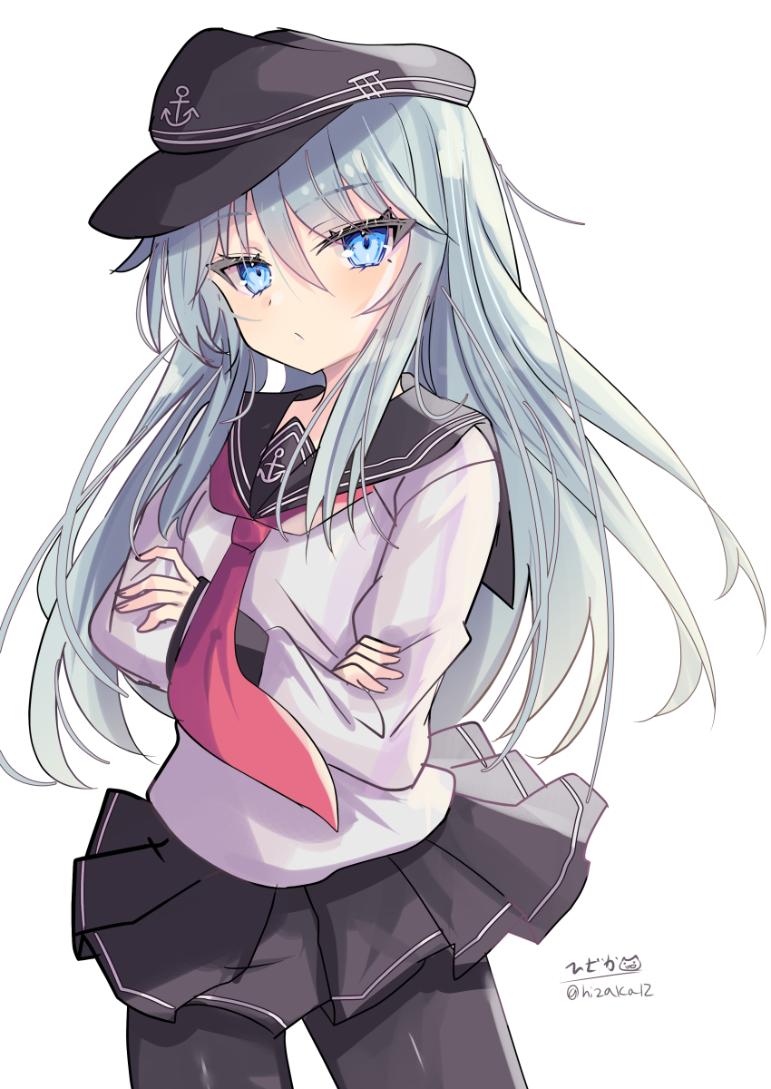 1girl absurdres anchor_symbol blue_eyes crossed_arms hat hibiki_(kancolle) highres hizaka kantai_collection long_hair looking_at_viewer neckerchief pantyhose school_uniform serafuku solo tsurime twitter_username white_hair