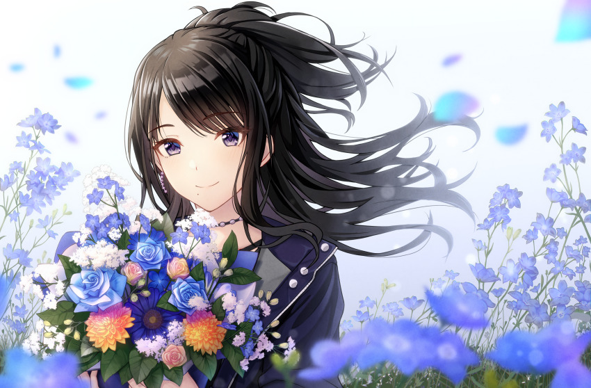 1girl absurdres black_hair highres idolmaster idolmaster_shiny_colors kazano_hiori long_hair macha0331 ponytail purple_eyes solo tagme white_background