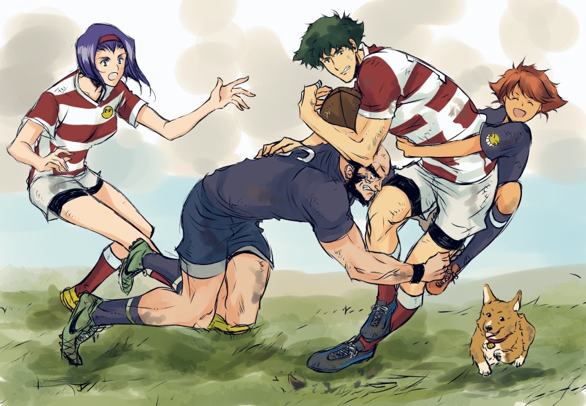 2girls absurdres beard child cowboy_bebop dog edward_wong_hau_pepelu_tivrusky_iv ein_(cowboy_bebop) facial_hair faye_valentine green_footwear green_hair hairband highres jet_black legs multiple_girls open_mouth orange_shoes playing_sports purple_hair red_hairband rugby rugby_uniform shoes spike_spiegel sportswear tobalin welsh_corgi