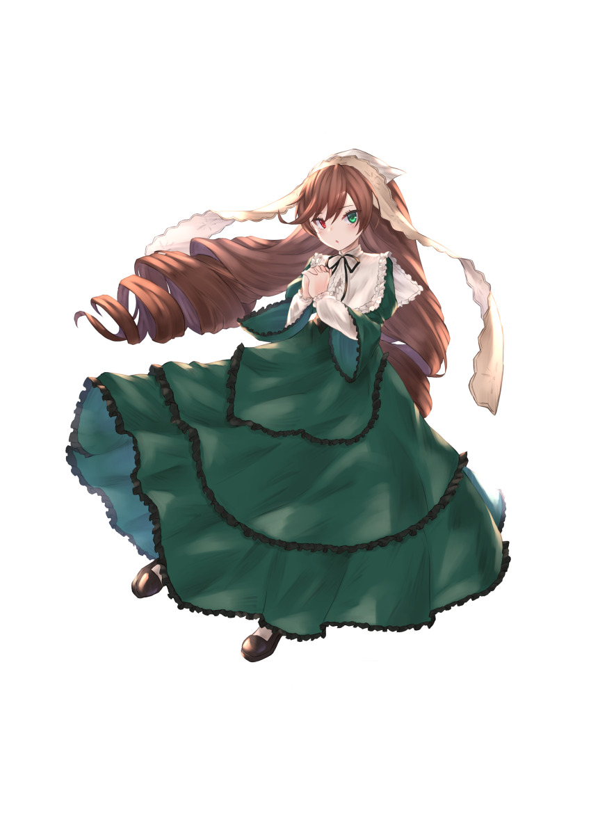 1girl absurdres brown_hair dress frilled_dress frilled_shirt frilled_shirt_collar frilled_sleeves frills full_body green_dress green_eyes headscarf heterochromia highres long_hair looking_at_viewer majinno red_eyes rozen_maiden shirt suiseiseki white_headscarf