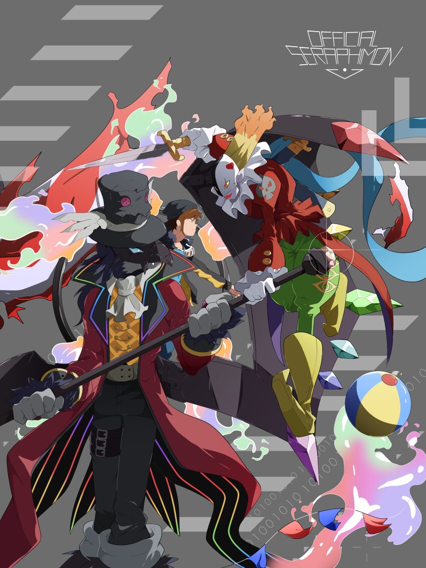 absurdres ball belt digimon digimon_(creature) formal_clothes hat heart highres mask officialseraphimon oridigi piemon suit