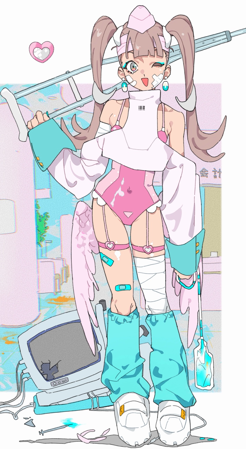 1girl ;d absurdres bandaged_head bandaged_leg bandages bandaid bandaid_on_leg bare_shoulders blood blood_bag blue_eyeshadow blunt_bangs broken_screen brown_hair clothing_cutout commentary_request covered_navel crt earrings eyeshadow full_body gauze gauze_on_cheek hat highres himuro_yukichiko holding_crutch jacket jewelry leg_warmers leotard long_hair looking_at_viewer makeup nurse nurse_cap one_eye_closed open_mouth original pill_earrings pink_leotard shoes shoulder_cutout sleeves_past_wrists smile solo standing syringe thigh_strap twintails white_jacket white_shoes