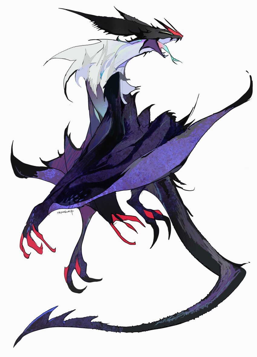 bat_wings claws commentary_request dragon_tail fangs forked_tongue full_body gen_6_pokemon highres kamikiririp nintendo no_humans noivern open_mouth pokemon pokemon_(creature) red_claws simple_background tail teeth tongue tongue_out twitter_username white_background wings