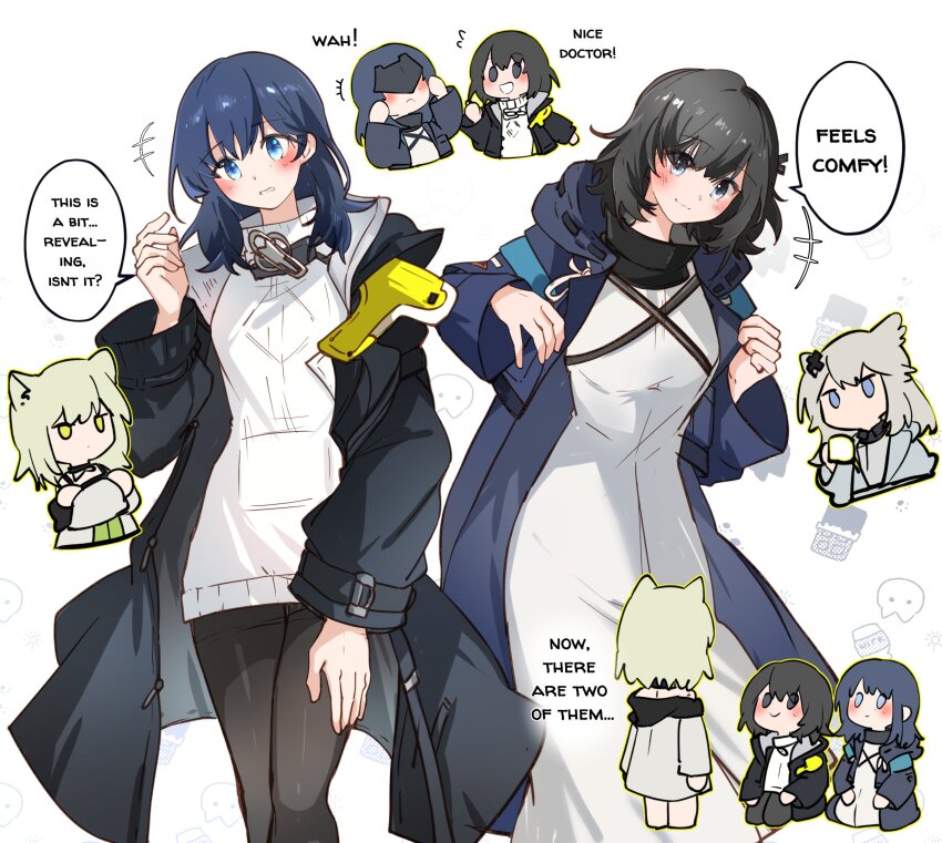+++ 4girls animal_ear_fluff animal_ears arknights arknights:_endfield arya_melati black_coat black_hair black_pantyhose blue_coat blue_eyes blue_hair blush cat_ears cat_girl chibi chibi_inset coat commentary cosplay costume_switch crossed_arms doctor_(arknights) doctor_(arknights)_(cosplay) endministrator_(arknights) english_commentary english_text eye_mask female_doctor_(arknights) female_endministrator_(arknights) female_endministrator_(arknights)_(cosplay) green_hair grey_hair hand_up highres in-franchise_crossover kal&#039;tsit_(arknights) long_sleeves medium_hair multiple_girls open_clothes open_coat pantyhose perlica_(arknights) sweater unamused white_background white_sweater