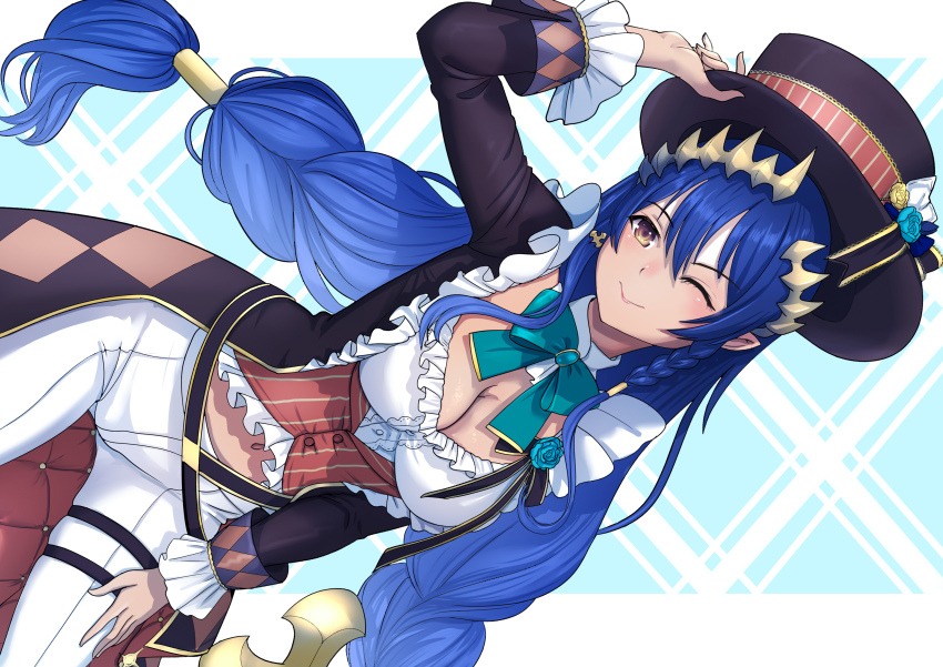 1girl absurdres belt black_belt black_coat black_hat blue_background blue_hair blush braid breasts brown_eyes brown_horns buttons cleavage closed_mouth coat commentary_request corset demon_girl demon_horns demon_tail frilled_shirt frills hair_tubes hat highres horns konekoneko_(konekopi) large_breasts long_hair long_sleeves looking_at_viewer nanashi_inc. one_eye_closed open_clothes open_coat pants pointy_ears red_corset shimamura_charlotte shirt side_braid sidelocks sideways single_braid smile solo tail top_hat twin_braids very_long_hair virtual_youtuber white_background white_pants white_shirt yellow_eyes