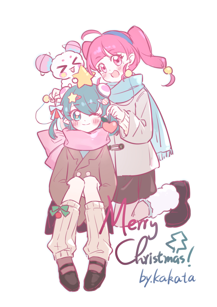 &gt;_&lt; 2girls absurdres ahoge antennae aqua_eyes aqua_hair artist_name black_shoes black_skirt blue_bow blue_hairband blue_scarf blue_shirt blunt_bangs bow bright_pupils brown_coat brown_leg_warmers bun_cover buttons chinese_commentary coat collared_coat commentary_request creature_on_head dot_nose double_bun earrings english_text eyelashes fringe_trim full_body fur_leg_warmers fuwa_(precure) grey_socks hagoromo_lala hair_between_eyes hair_bobbles hair_bun hair_ornament hairband hairclip happy heart heart_ornament heart_print highres holding holding_bow_(ornament) holding_ornament holding_star hoshina_hikaru hugging_own_legs invisible_chair jewelry kakata kneehighs kneeling knees_up lapels layered_sleeves leg_warmers light_blush loafers long_hair long_sleeves looking_at_viewer medium_hair merry_christmas miniskirt multiple_girls notched_lapels one_eye_closed open_mouth pale_skin pink_eyes pink_hair pink_scarf pink_socks planet_hair_ornament pleated_skirt pointy_ears precure scarf shirt shoes simple_background sitting skirt smile socks sphere_earrings star_(symbol) star_hair_ornament star_twinkle_precure sweater tareme twintails white_background white_leg_warmers white_sweater winter_clothes winter_coat yellow_pupils yuri