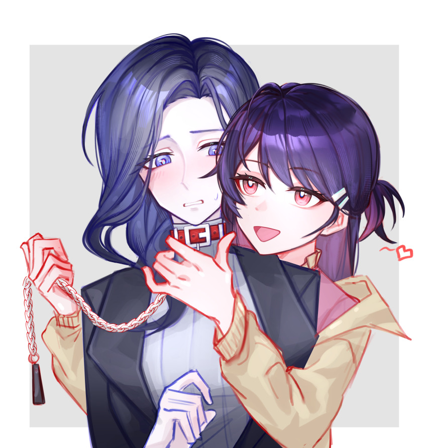 2girls absurdres black_jacket blue_hair border chinese_commentary coat collar commentary_request grey_background hair_ornament hairclip heart highres holding holding_leash jacket leash long_hair love_curse:_find_your_soulmate molingxiang_chimangguo multiple_girls open_mouth pink_eyes pink_hair purple_eyes purple_hair selene_yan simple_background smile sweater upper_body victoria_qi white_border white_sweater yellow_coat yuri
