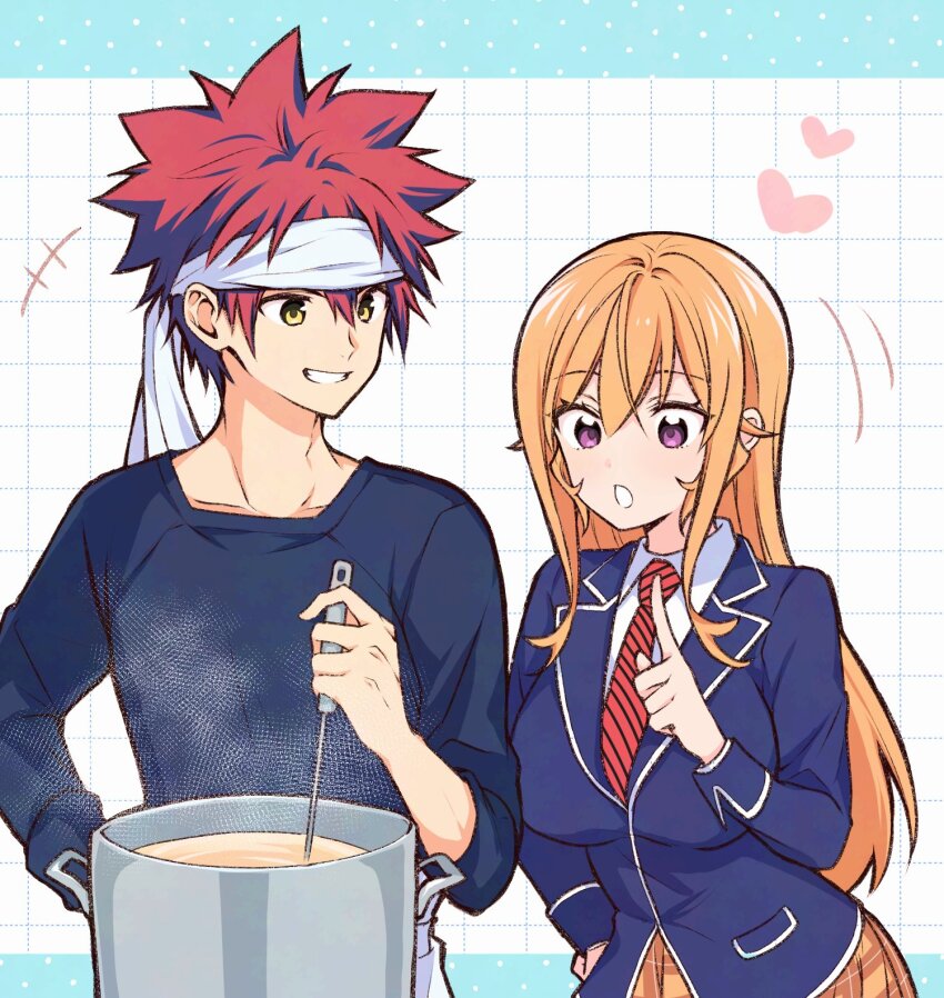 +++ 1boy 1girl black_shirt blonde_hair blue_jacket breasts commentary_request cooking cooking_pot diagonal-striped_clothes diagonal-striped_necktie grid_background grin hair_between_eyes heart highres holding holding_ladle index_finger_raised jacket ladle large_breasts long_hair looking_at_another nakiri_erina necktie open_mouth plaid_clothes plaid_skirt purple_eyes red_hair red_necktie shirt shokugeki_no_souma short_hair skirt sleeves_rolled_up smile spiked_hair striped_clothes tootsuki_saryou_ryouri_gakuen_uniform toy-black upper_body white_shirt yellow_eyes yellow_skirt yukihira_souma