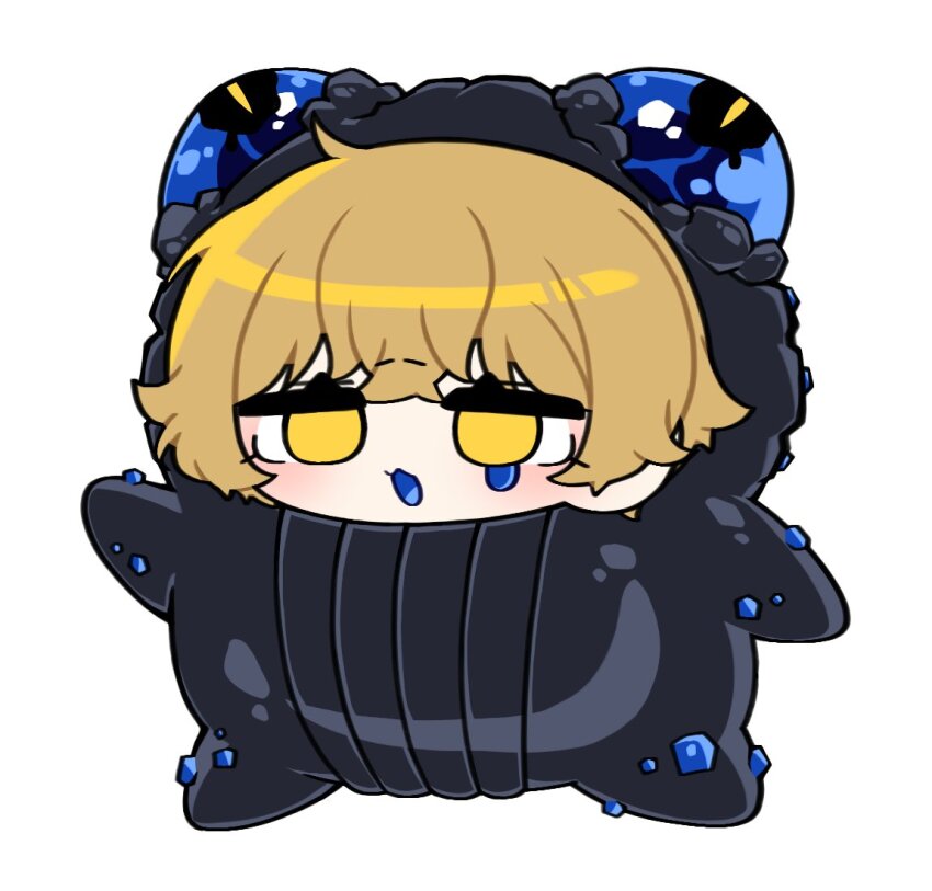 1boy animal_costume blonde_hair blubbering_toad_(project_moon) blue_tongue cavernous_wailing_(e.g.o) colored_tears colored_tongue cosplay e.g.o_(project_moon) frog_costume full_body kigurumi limbus_company matiyan923 project_moon simple_background sinclair_(project_moon) solo white_background yellow_eyes