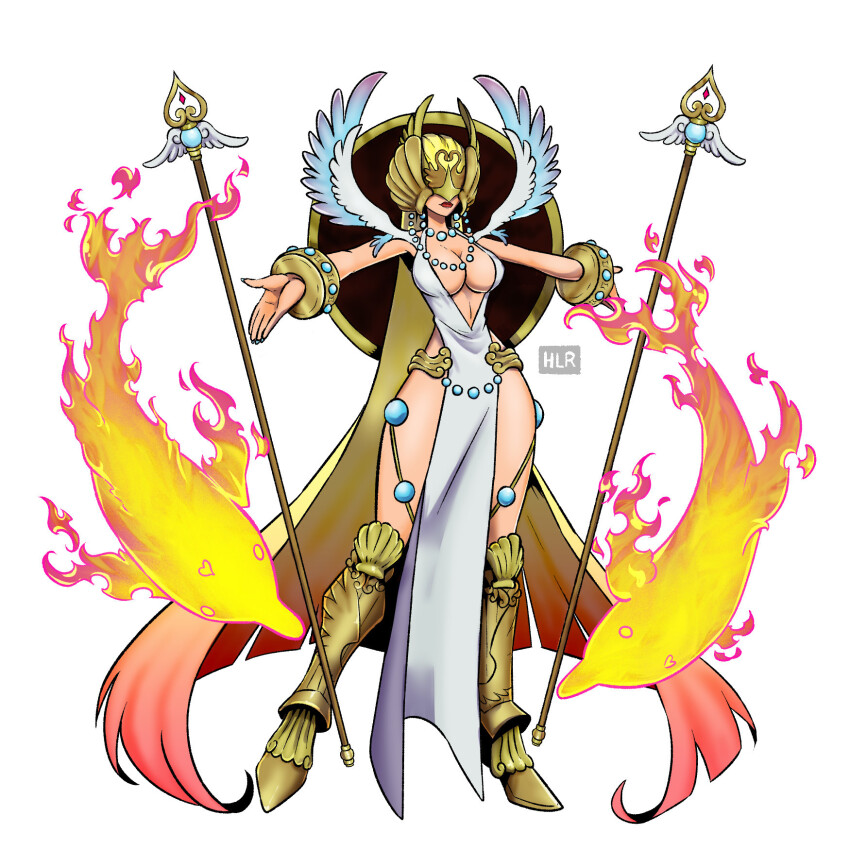 1girl breasts digimon digimon_(creature) female_focus fire fusion highres hlrart marsmon oridigi original solo venusmon